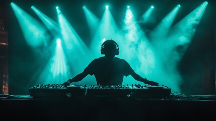 Wall Mural - DJ with headphones playing music in a club with lasers