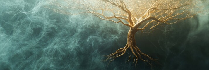 Aufkleber - A tree of life emerges with elaborate branches and roots amid a serene, mystical backdrop, representing growth and deep connections among all life. Generative AI