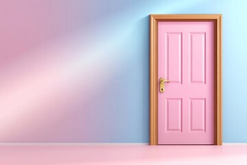 Poster - Ajar door drawn in minimalist geometry, a rectangle ajar with light rays in a gradient background