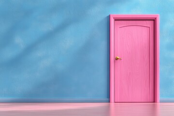 Poster - Ajar door drawn in minimalist geometry, a rectangle ajar with light rays in a gradient background