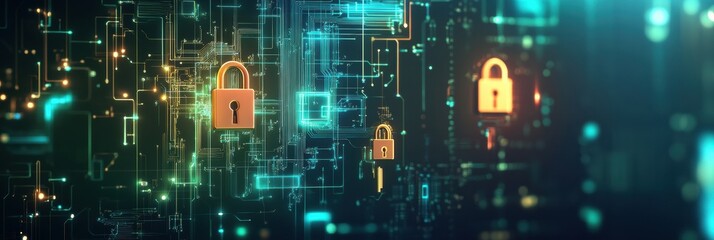 Leinwandbilder - An intricate design showcases padlocks and keys on a vibrant digital backdrop, representing security and access in a technological world. Generative AI