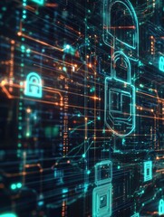 Fototapete - An abstract design features glowing padlocks and keys weaving through a digital landscape, symbolizing security and data protection. Generative AI