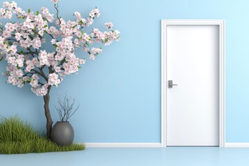 Poster - Ajar door in minimalist style, a clean, white frame slightly open against a plain background