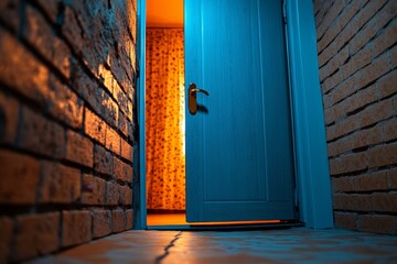 Aufkleber - Ajar door slightly open, revealing a warm light spilling out into a dimly lit hallway