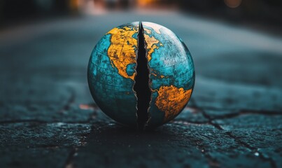 Poster - Cracked globe symbolizing division, Earth with visible continents, blue oceans, and yellow landmasses, set on cracked pavement