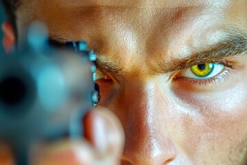 Fototapete - Secret agent face in hyper-realistic detail, showing intense focus and determination as they aim their weapon