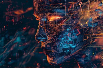 Poster - The artwork showcases a humanoid figure composed of vibrant neon colors and complex circuitry, surrounded by a digital landscape full of glowing elements, suggesting advanced technology.