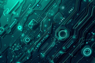 Poster - This abstract design features a detailed circuit board with illuminated components, highlighting intricate patterns and a modern aesthetic in teal and green tones.
