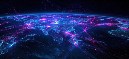 Poster - Digital network connections over Earth, vibrant blue and pink lights, depicting global connectivity, data flow, and technology influence