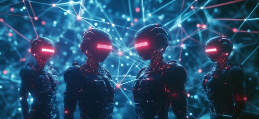 Poster - Futuristic robots with glowing features, interconnected network, digital landscape, sci-fi theme, vibrant colors, technology, artificial intelligence, cybernetic beings