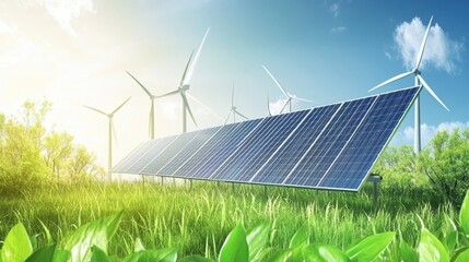 Poster - Solar panels and wind turbines stand prominently in a lush green environment, reflecting the advancements in renewable energy technology. Generative AI