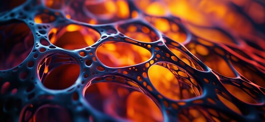 Poster - Abstract organic structure with glowing patterns, intricate network of cells, vibrant colors, depth and texture