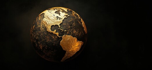 Poster - Golden Earth globe, North and South America highlighted, dark background, artistic representation of planet, global themes