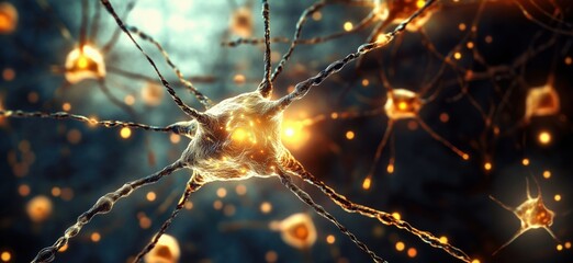 Poster - Neurons interconnected in neural network, glowing synapses, intricate structure, biological communication