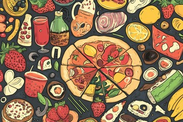 Poster - Whimsical doodles showcase a variety of foods like pizza, sushi, and colorful drinks, creating a fun and lively visual feast. Generative AI
