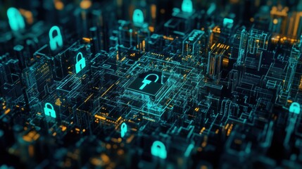 Fototapete - A vibrant, tech-inspired landscape with interconnected padlocks and keys symbolizes security and protection. Generative AI