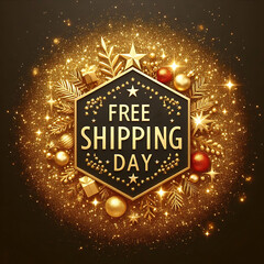 Poster - Free Shipping Day logo with gold glitter background for banner, web, header and flyer, design. Christmas and new year shopping created with generative ai