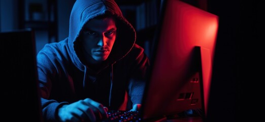 Poster - hacker in dark room, focused on computer screen, wearing hoodie, illuminated by blue and red lights,
