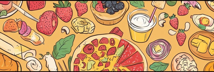 Poster - Vibrant doodles showcase a variety of foods including pizza, sushi, fruits, and desserts, creating an inviting and cheerful atmosphere. Generative AI
