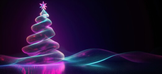Poster - Neon Christmas tree with glowing waves, vibrant colors, digital art, modern design, festive atmosphere