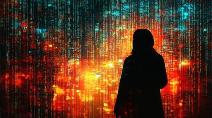 Leinwandbilder - A single, dark figure stands before a background of bright, glowing code. The code appears to be flowing downwards in a stream of binary digits, creating a visual effect similar to falling rain.