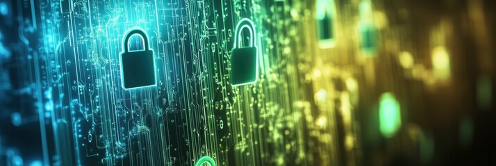 Fototapete - Colorful padlocks and keys blend into an abstract digital background filled with glowing patterns and vibrant colors. Generative AI