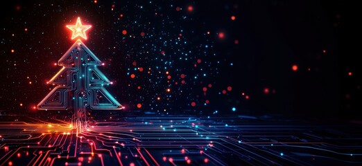 Poster - Digital Christmas tree with glowing circuits and star, festive lights, abstract technology background