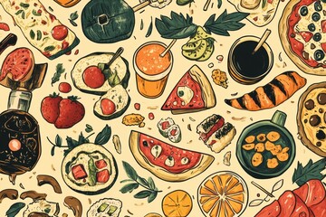 Poster - A lively collection of doodle illustrations features a variety of foods including pizza, sushi, fruits, and desserts, creating a cheerful atmosphere. Generative AI