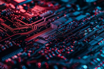 Poster - a close-up view reveals the complexity of a circuit board illuminated in blue and red colors, highli