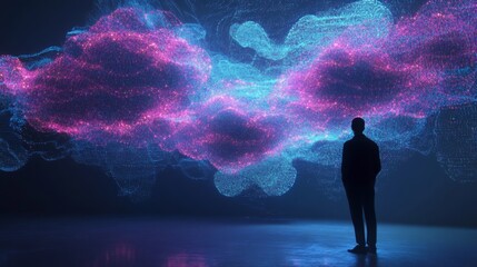 Fototapete - A figure observes an impressive array of colorful digital clouds created from luminous particles, set against a shadowy backdrop. The captivating scene evokes a sense of wonder and exploration.