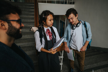 Poster - A diverse group of students engaging in a study discussion on a stairway, sharing ideas and notes, fostering teamwork and collaboration.