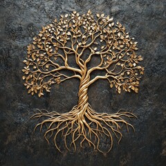 Aufkleber - Intricate golden tree of life displays intertwining branches and roots, representing growth and the interconnectedness of all living things. Generative AI