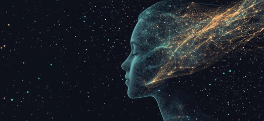Poster - digital silhouette of woman with cosmic elements, abstract representation of consciousness and techn