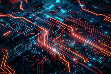 Fototapete - This detailed representation of a circuit board showcases complex pathways illuminated in blue and orange, reflecting a modern technological environment.