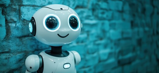 Poster - cute robot with glowing eyes, smiling expression, modern design, standing against textured blue wall
