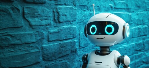 Poster - Cute robot with glowing eyes, standing against textured blue wall, showcasing friendly design and futuristic technology