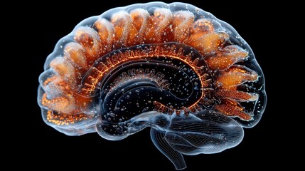 Poster - A vibrant, artistic representation of a brain, showcasing intricate details and glowing effects against a dark background.