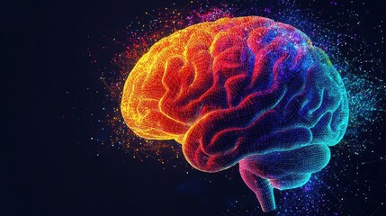 Poster - A vibrant, abstract representation of a brain, showcasing colorful patterns and glowing effects against a dark background.