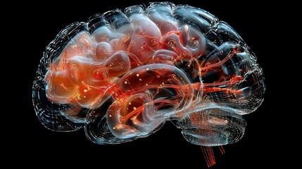 Poster - A vibrant, artistic representation of a brain, showcasing intricate details, glowing elements, and a dark background, symbolizing thoughts and creativity.