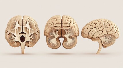 Poster - Three stylized views of a human brain showcasing its intricate structure, emphasizing the complexity and beauty of neurological form.