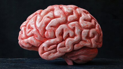 Poster - A realistic depiction of a human brain showing intricate folds and textures against a dark background.