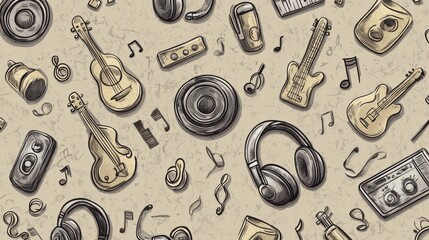Poster - This vibrant doodle pattern includes diverse musical instruments, notes, headphones, and sound waves on a neutral backdrop. Generative AI
