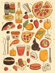 Poster - Doodles feature an assortment of lively foods like pizza, sushi, fruits, and drinks, creating a fun and vibrant culinary experience. Generative AI