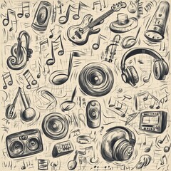 Leinwandbilder - doodle pattern features a variety of musical instruments, notes, headphones, and sound waves, celebr