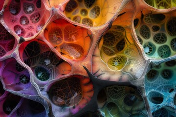 Poster - Close-up view reveals an intricate design of colorful, abstract cellular structures exhibiting a vivid interplay of hues and textures in a dynamic composition.