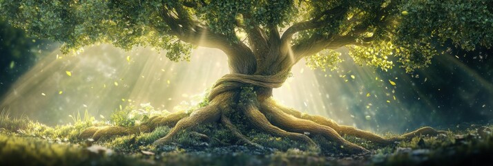 Poster - an intricate tree of life showcases intertwining branches and roots surrounded by soft light, symbol