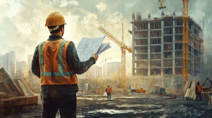 Poster - An engineer stands on a construction site, examining blueprints while surrounded by cranes, workers, and machinery in the background. Generative AI