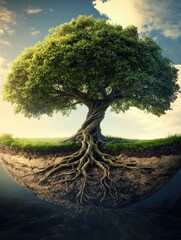 Poster - An abstract representation of a tree of life showcases intertwined branches and roots, symbolizing unity, growth, and interconnectedness in nature. Generative AI