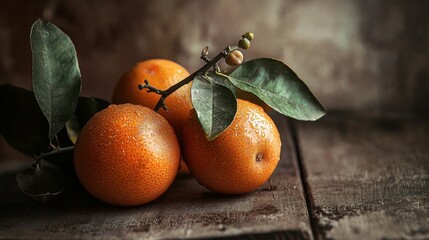 Poster - Fresh oranges with green leaves on a rustic wooden surface