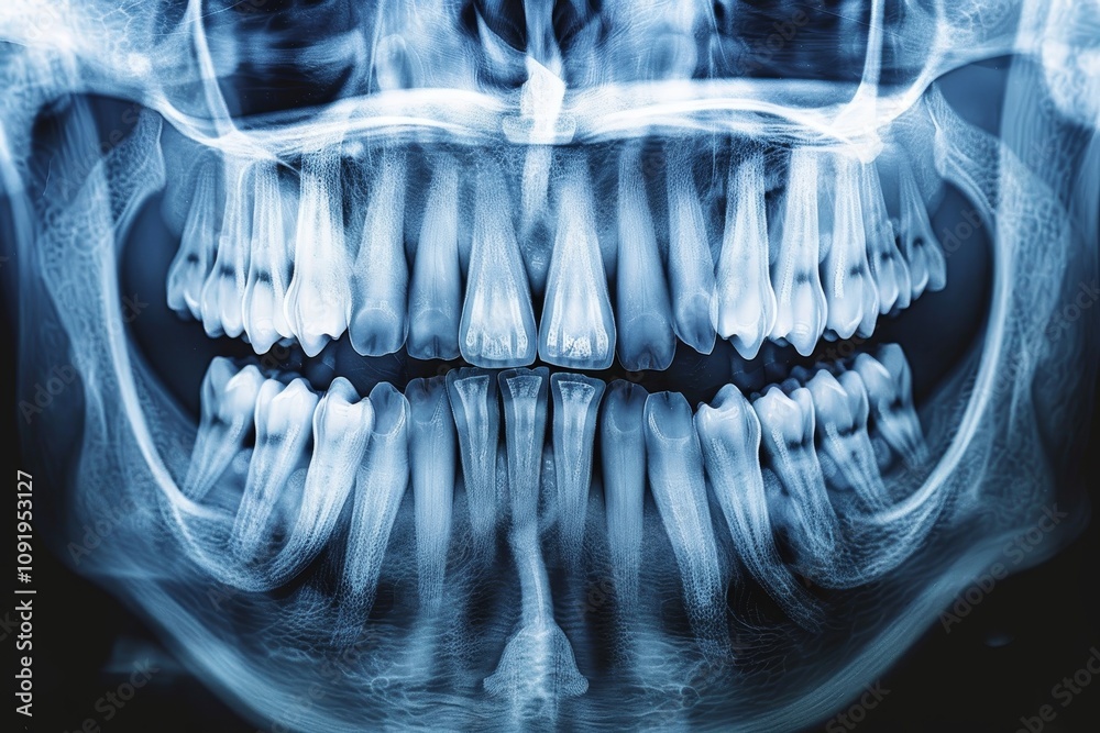 A dental X-ray reveals the arrangement of teeth in a human jaw ...